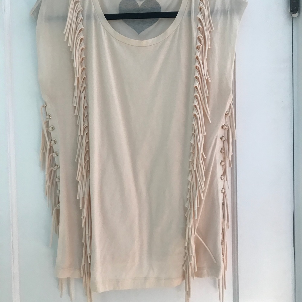Twin-Set soft cream sleeveless tee w/ fringe.